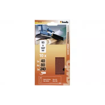 KWB 817980 slīpēšanas loksnes, graudainība P40/P80/P240, 186 x 93 mm, 10 gabali