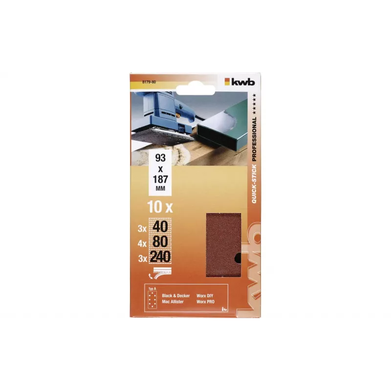 KWB 817980 slīpēšanas loksnes, graudainība P40/P80/P240, 186 x 93 mm, 10 gabali