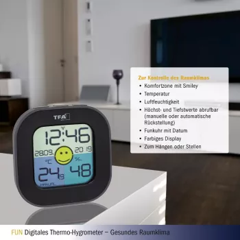 TFA Dostmann FUN iekštelpu elektroniskais higrometrs melns (30.3242.02)