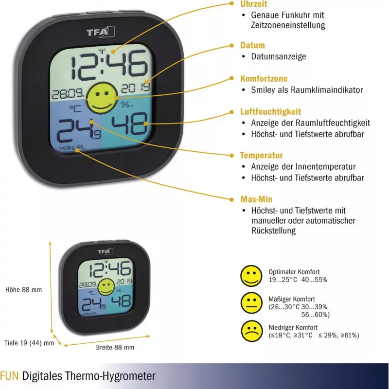 TFA Dostmann FUN iekštelpu elektroniskais higrometrs melns (30.3242.02)