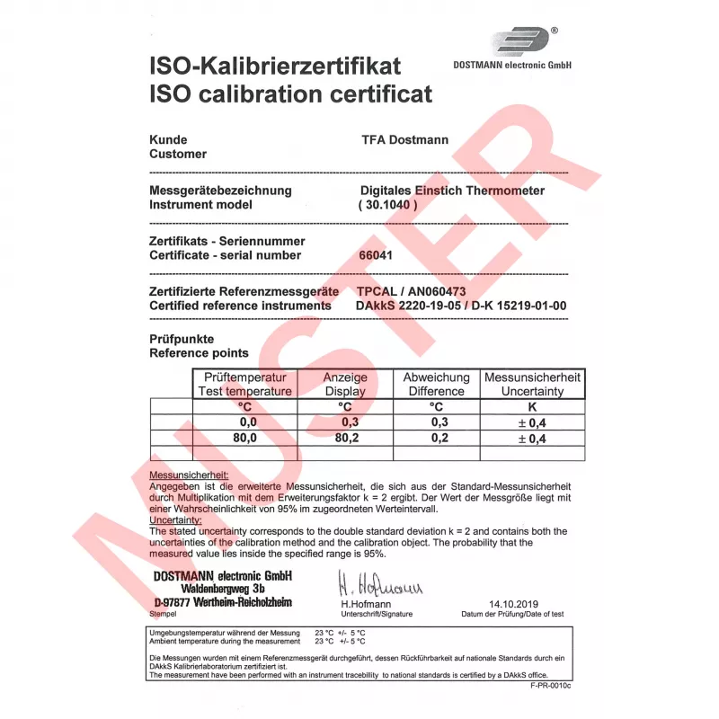 TFA Dostmann 30.1040.K kalibrēts virtuves termometrs (ISO) ar automātisko izslēgšanos, HACCP un EN 13485, kodola temperatūras kontrole