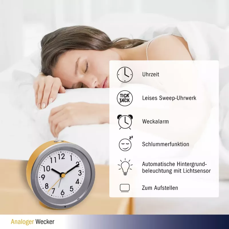 TFA Dostmann 60.1034.07 dzeltenais apaļais analogais kvarca modinātājs