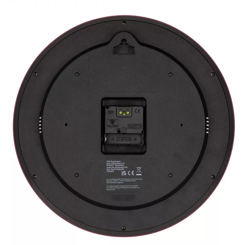 TFA Dostmann 60.3554.05 radio kontrolēts sienas pulkstenis, sarkans, 320 mm diametrā