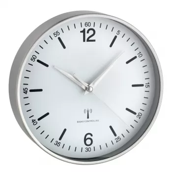 TFA DOSTMANN radio vadības sienas pulkstenis 60.3503.02, 195 mm diametrs, alumīnija rāmis, balts ciparnīca, sudraba