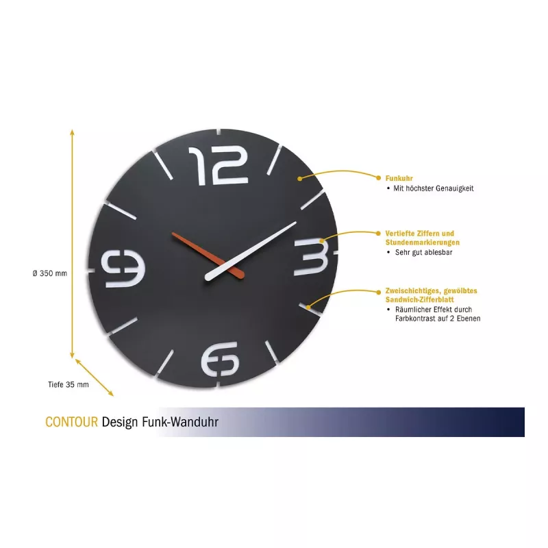 TFA Dostmann Design radio kontrolējamie sienas pulkstenis Contour, melns/balts (60.3536.10)