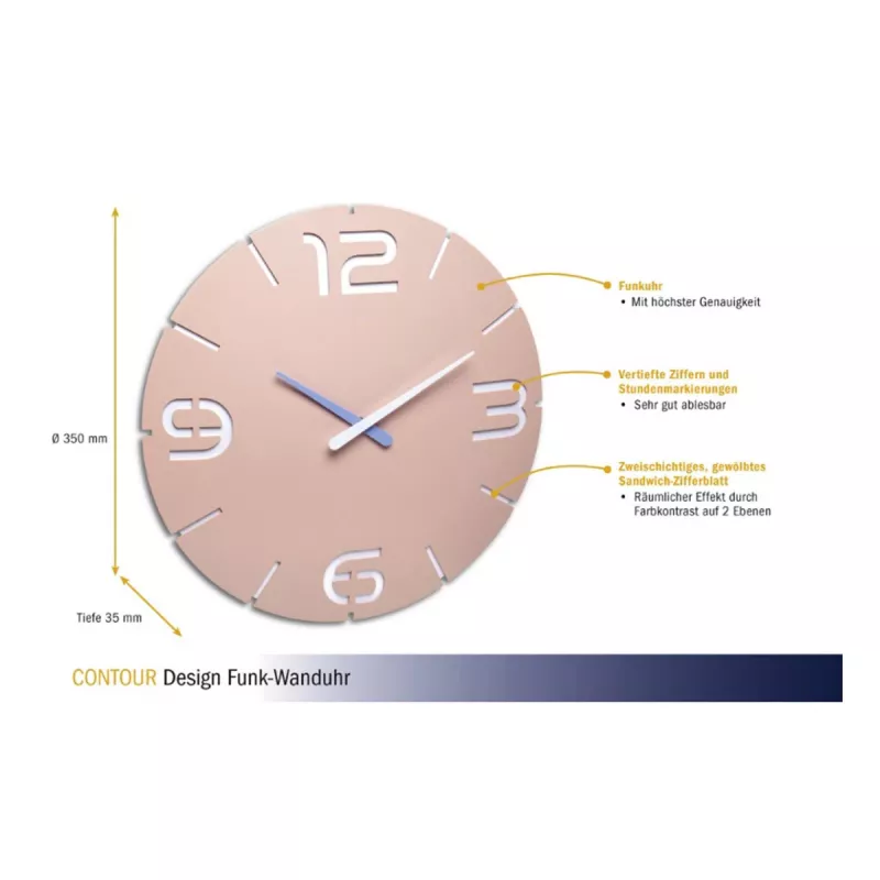 TFA Dostmann Design radio kontrolēti sienas pulkstenis Contour, maigi rozā/balts (60.3536.16)