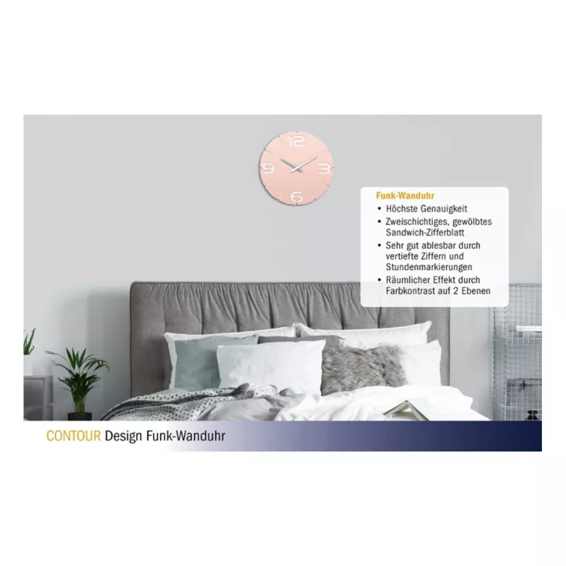 TFA Dostmann Design radio kontrolēti sienas pulkstenis Contour, maigi rozā/balts (60.3536.16)