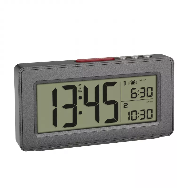 TFA Dostmann 60.2563.10 radio vadības modinātājpulkstenis, antracīta, divi modinātāji, DCF77, LCD, iekštelpu temperatūra