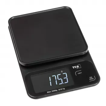 TFA Dostmann COOKIE digitālie virtuves svari, 5 kg ietilpība, 1 g precizitāte, ar mērkaroti, melni 50.2009.01