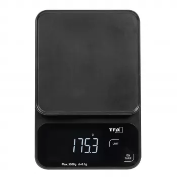 TFA Dostmann COOKIE digitālie virtuves svari, 5 kg ietilpība, 1 g precizitāte, ar mērkaroti, melni 50.2009.01