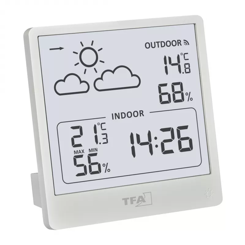 TFA Dostmann CLEO bezvadu laika stacija, melna, DCF-77 radio kontrolēts, 12-24h prognoze, iekštelpu/āra temperatūra un mitrums, sala trauksme, apgaismojums 35.1176.02