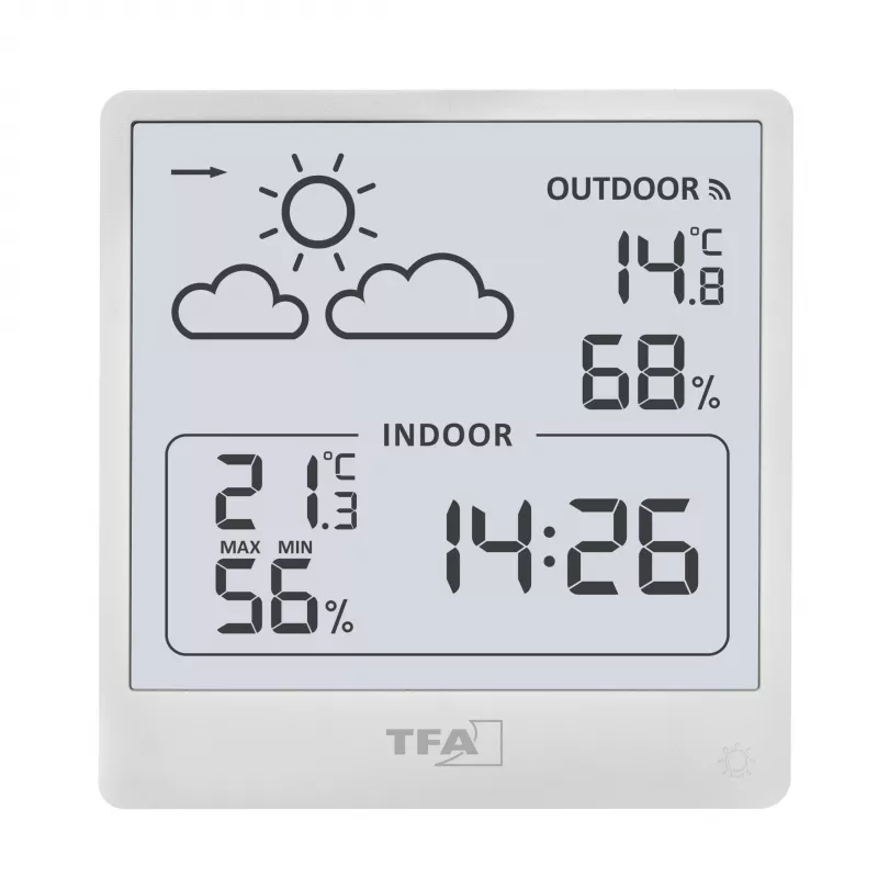 TFA Dostmann CLEO bezvadu laika stacija, melna, DCF-77 radio kontrolēts, 12-24h prognoze, iekštelpu/āra temperatūra un mitrums, sala trauksme, apgaismojums 35.1176.02