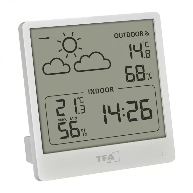 TFA Dostmann CLEO bezvadu laika stacija, melna, DCF-77 radio kontrolēts, 12-24h prognoze, iekštelpu/āra temperatūra un mitrums, sala trauksme, apgaismojums 35.1176.02