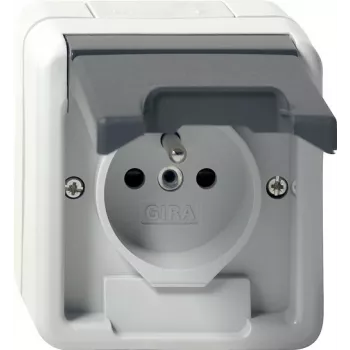 GIRA 448530 Schuko kontaktligzda ar atlokāmu vāciņu, tīri balta spīdīga