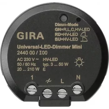GIRA 244000 Universālais LED dimmera modulis, ievietojams, elektronisks, 230 V AC, 3-100 W LED / 20-200 W halogēns, fāzes vadība, maiga iedarbināšana, atmiņas funkcija