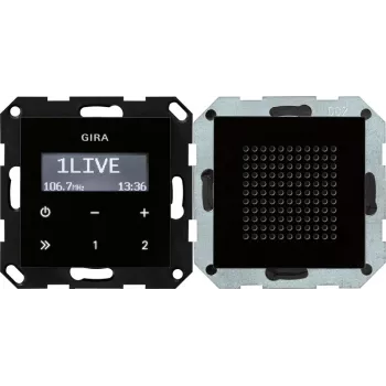 Gira 228005 RDS radio ieliktnis, iebūvējams, melna stikla izskats, FM uztvērējs, 8 atmiņas, 2 W RMS, 230 V AC