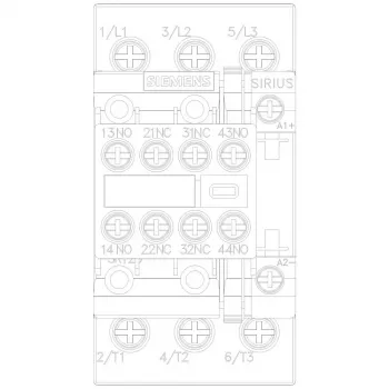 Siemens SIRIUS 3RT2 jaudas kontaktors 11kW/400V 2NO+2NC 24V DC spole, skrūvju spailes, IP20 3RT20261BB443MA0