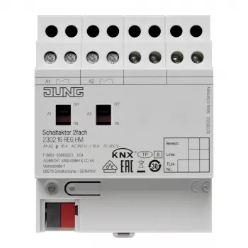 Jung KNX komutācijas aktators, 2 kanālu, 16 A, 230 V AC, DIN sliedei, 2 TE 2302.16REGHM