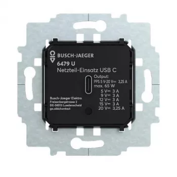 Busch-Jäger 6479 U barošanas bloka ieliktnis ar USB-C, 15 W, ierīkojams, balts 2CKA006400A0436