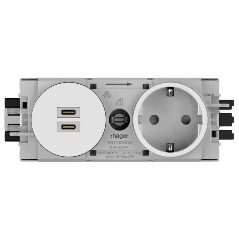 Hager Winsta iekšējā SCHUKO kontaktligzda ar 2x USB-C PD 20W lādētāju, tīri balta GS17009016