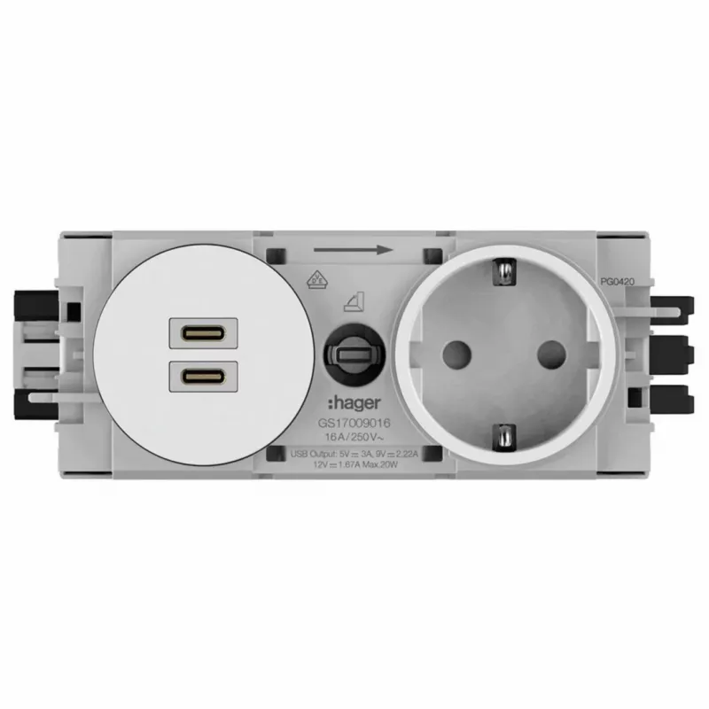 Hager Winsta iekšējā SCHUKO kontaktligzda ar 2x USB-C PD 20W lādētāju, tīri balta GS17009016