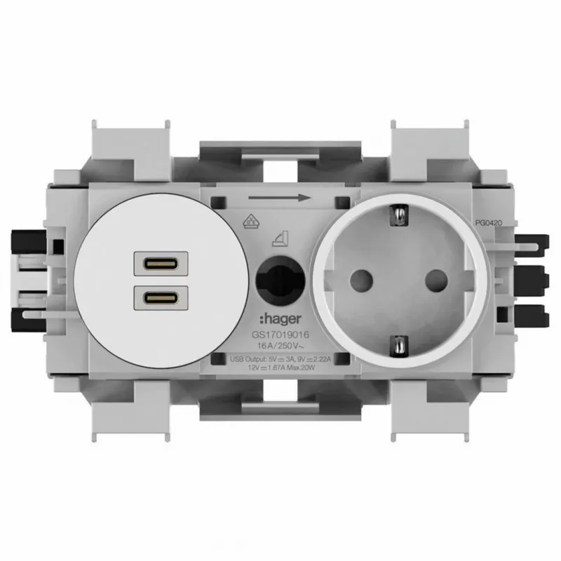 Hager Winsta Schuko kontaktligzda ar divām USB-C PD 20W uzlādes portiem, polāri balta GS17019016