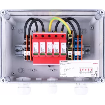 DEHN DCU 2 YPV 1100 2M 1S 2. tipa pārsprieguma aizsardzības ierīce fotoelementu sistēmām, 2 MPPT, 1 virkne uz MPPT, 1100 V DC, IP65 korpuss 900921