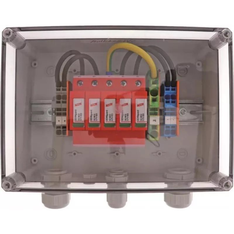 DEHN DCU 2 YPV 1100 2M 1S 2. tipa pārsprieguma aizsardzības ierīce fotoelementu sistēmām, 2 MPPT, 1 virkne uz MPPT, 1100 V DC, IP65 korpuss 900921