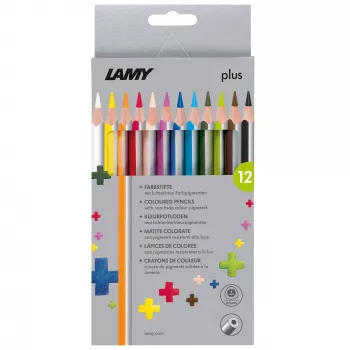LAMY plus trīsstūrveida krāsainie zīmuļi, 12 gab., kartona maciņā, ergonomiska trīsstūrveida forma, matēta virsma, dažādās krāsās (1222007)