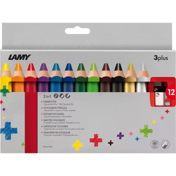 LAMY 3plus krāsu zīmuļu komplekts, 12 gab., īpaši biezas 3,3 mm pret lūšanu izturīgas svinas, ergonomisks trīsstūra satvēriens, dažādas krāsas 1223548