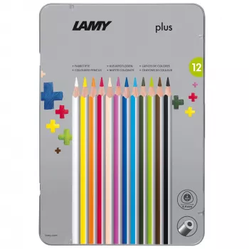 LAMY plus trīsstūrveida krāsainie zīmuļi, 12 gab. metāla kārbā, ergonomiska trīsstūrveida forma, matēta virsma, izturīgi pret lūšanu uzgaļi 1222009