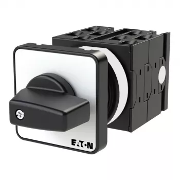 Eaton T0-4-8251/E 2 polu 3 pozīciju ON-OFF-ON kameru slēdzis, 20A, 690V, IP65 priekšpuse, melns rokturis, balta priekšējā plāksne 013971