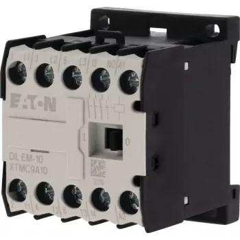 Eaton DILEM-10-G(12VDC) Mini kontaktors, 3 polu, 12 V DC spole, 9 A AC-3, 1 NO palīgkontakts, IP20, skrūvju spailes, DIN sliedes/skrūvju montāža, melns/balts 079594