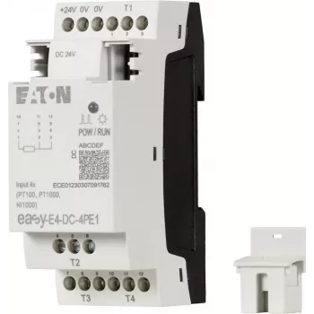 Eaton easyE4 DC 4PE1 RTD ieejas paplašināšanas modulis, 4 kanāli, Pt100/Pt1000/Ni100/Ni1000, skrūvju spailes, DIN sliede, 24 V DC