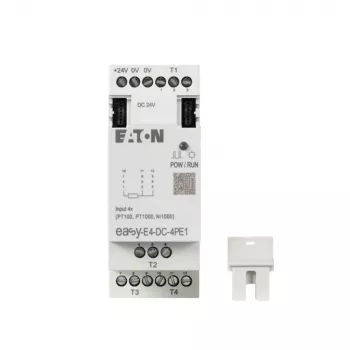 Eaton easyE4 DC 4PE1 RTD ieejas paplašināšanas modulis, 4 kanāli, Pt100/Pt1000/Ni100/Ni1000, skrūvju spailes, DIN sliede, 24 V DC