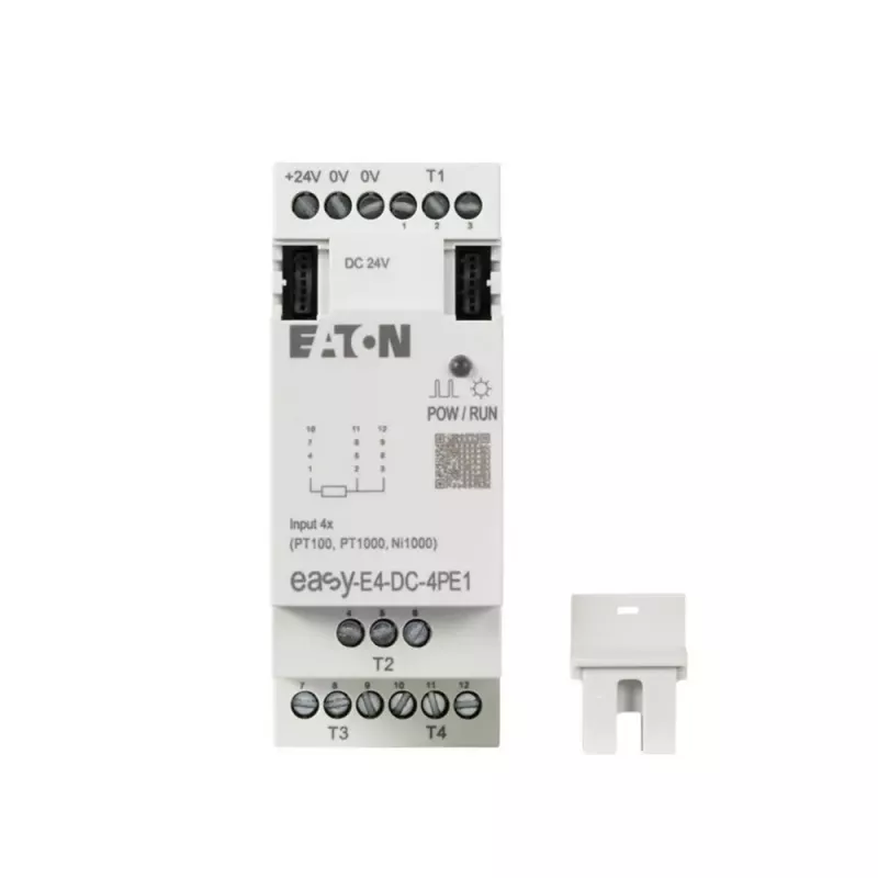 Eaton easyE4 DC 4PE1 RTD ieejas paplašināšanas modulis, 4 kanāli, Pt100/Pt1000/Ni100/Ni1000, skrūvju spailes, DIN sliede, 24 V DC