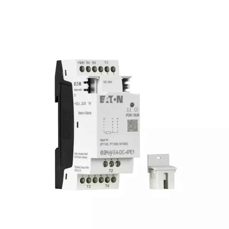 Eaton easyE4 DC 4PE1 RTD ieejas paplašināšanas modulis, 4 kanāli, Pt100/Pt1000/Ni100/Ni1000, skrūvju spailes, DIN sliede, 24 V DC