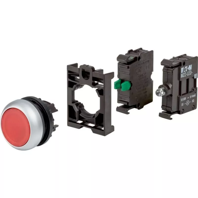 Eaton M22-DL-R-K10LED-BVP apgaismota spiedpoga, sarkana, 1NO, LED 12-30V AC/DC, plastmasas priekšējais gredzens 110932
