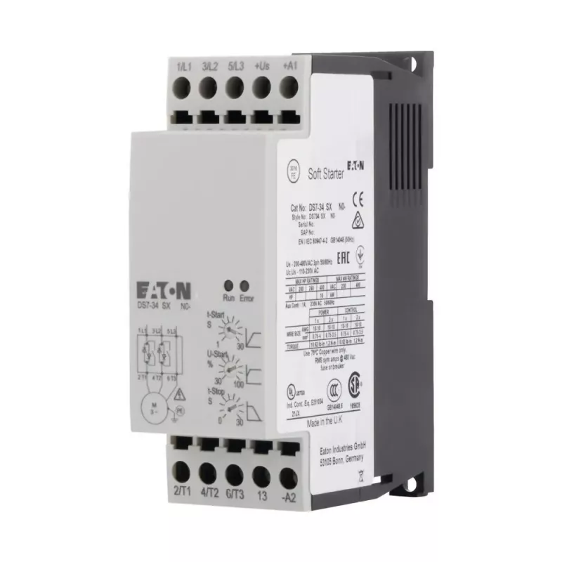 Eaton DS7-340SX009N0-N mīkstās palaišanas ierīce, 9 A, 4 kW, 200-460 V AC, 24 V AC/DC vadība, pelēka 134910