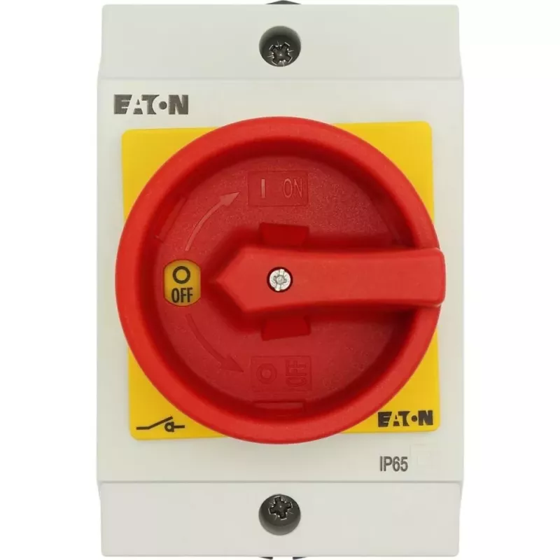 Eaton T0-1-8200/I1/SVB 1-polova galvenais slēdzis, 20A, sarkans/dzeltens rokturis, IP65 priekšpuse 207145