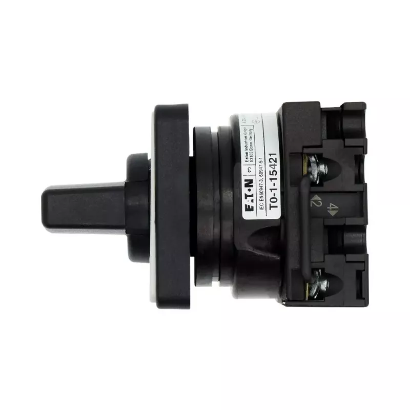 Eaton T0-1-15421/E cam slēdzis, 1-polu, ON-OFF, 20 A, 690 V AC, sviras mehānisms, melns, priekšējais panelis 48x48 mm 095806