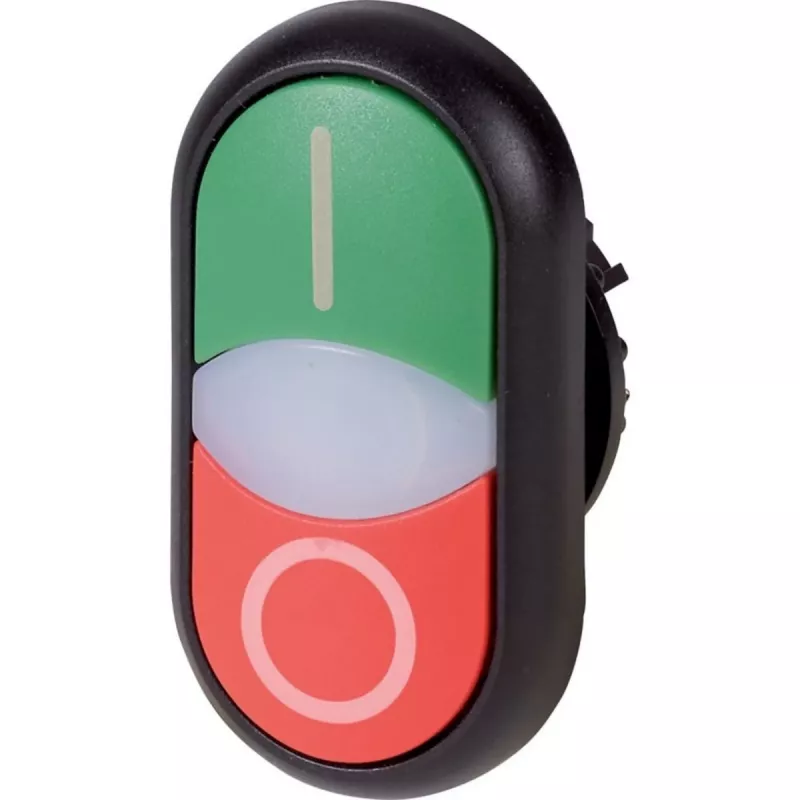 Eaton M22S-DDL-GR-X1/X0 apgaismots spiedpogas aktuatorelements, momentāns, zaļa lēca, melns plastmasas ietvars, 22,5 mm montāža, IP66/IP67/IP69K 216701
