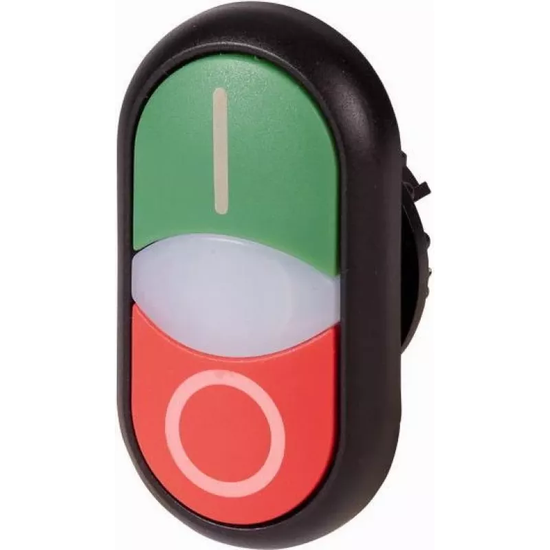 Eaton M22S-DDL-GR-X1/X0 apgaismots spiedpogas aktuatorelements, momentāns, zaļa lēca, melns plastmasas ietvars, 22,5 mm montāža, IP66/IP67/IP69K 216701