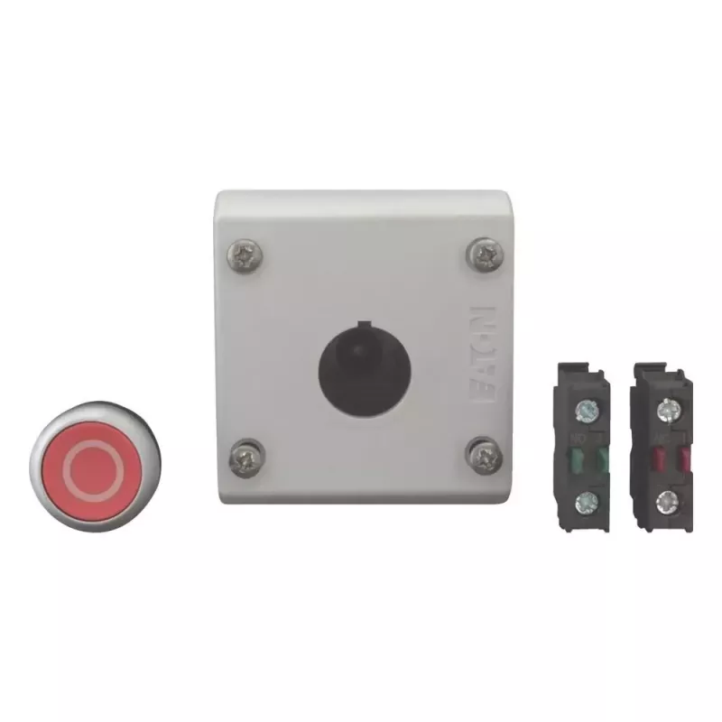 Eaton M22-D-R-X0/KC11/I spiedpogas izpildmehānisms ar kontaktu bloku, sarkans, titāna, plastmasa, IP66/IP67/IP69 216521