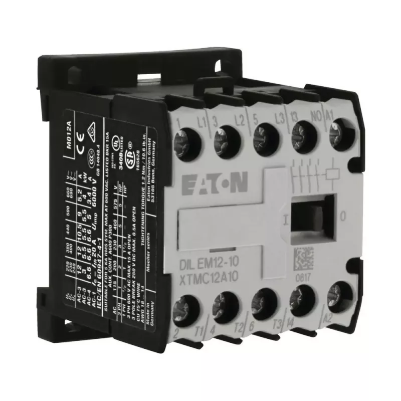 Eaton DILEM12-10 Mini kontaktors, 3 polu, 12 A, 230 V 50 Hz / 240 V 60 Hz spole, 1 NO palīgkontakts, IP20, melns/balts 127075