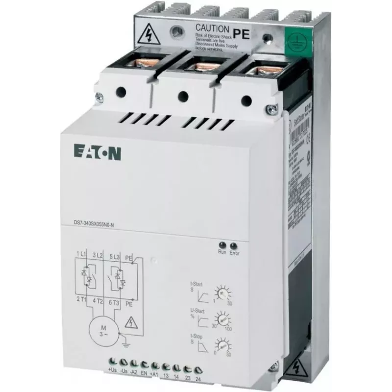 Eaton DS7-340SX041N0-N DS7 mīkstās palaišanas ierīce, 41 A, 22 kW pie 400 V, 200–480 V AC, 24 V DC vadības spriegums, iebūvēts apvads (134916)