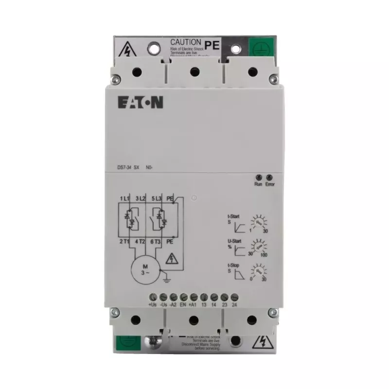 Eaton DS7-340SX041N0-N DS7 mīkstās palaišanas ierīce, 41 A, 22 kW pie 400 V, 200–480 V AC, 24 V DC vadības spriegums, iebūvēts apvads (134916)