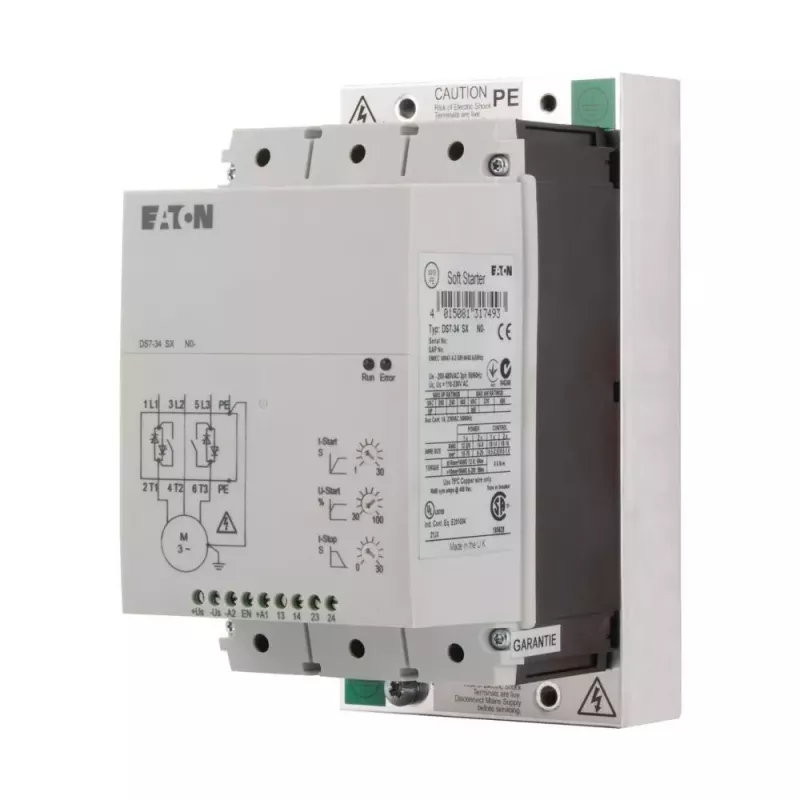 Eaton DS7-340SX041N0-N DS7 mīkstās palaišanas ierīce, 41 A, 22 kW pie 400 V, 200–480 V AC, 24 V DC vadības spriegums, iebūvēts apvads (134916)