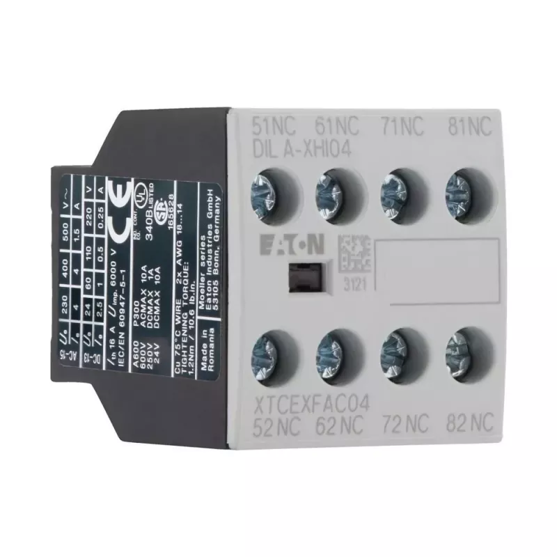 Eaton DILA-XHI04 palīgkontaktu bloks, 4 polu, 2NO+2NC, priekšējā montāža, skrūvju spailes, melns/balts 276424