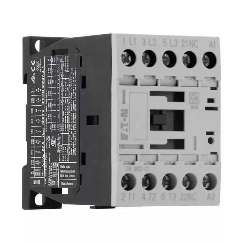 Eaton DILM12-01 3 polu motora kontaktors, 230 V AC / 240 V AC spole, 12 A, 1 NC palīgkontakts 276865